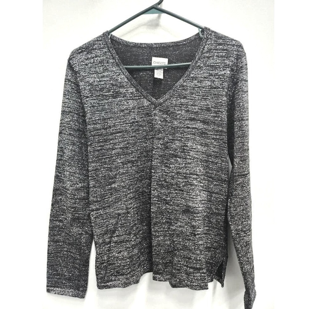 Chicos Metallic V-Neck Sweater Womens Medium Black Silver Shimmer Silk Blend